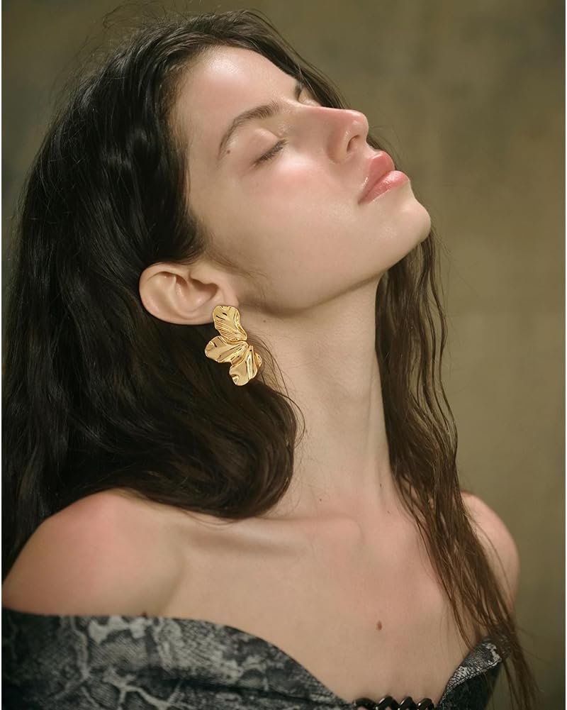 FAUTHENTICUTE Chunky Gold Statement Earrings For Women Gold Plated Sectored Flower Leaf Shell Angel Wing Earrings Large Stud Earrings Hypoallergenic Earrings - Image 2